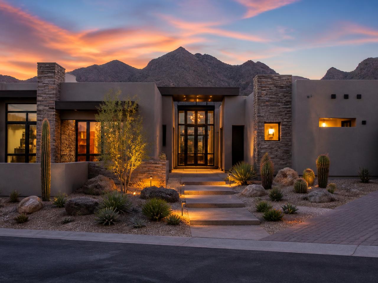 Desert contemporary home with stone and stucco exterior in Scottsdale, Arizona at dusk